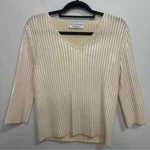 Vintage St. John Evening Cream V-Neck Women's Embellishment Sweater Top Spring